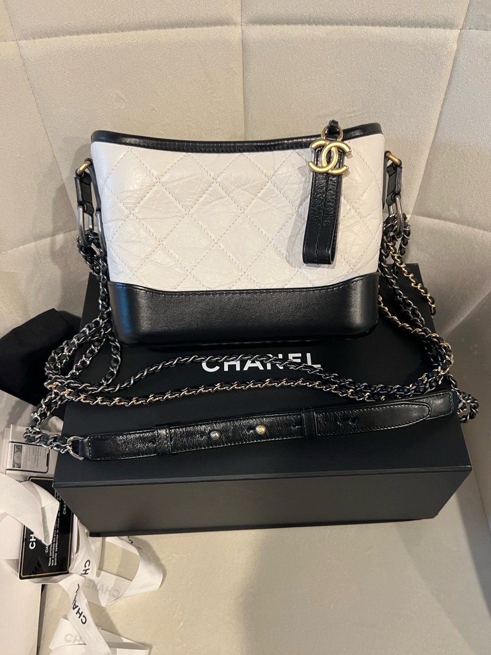 *Authentic* CHANEL Aged Calfskin Quilted Small Gabrielle Hobo Bag Black White